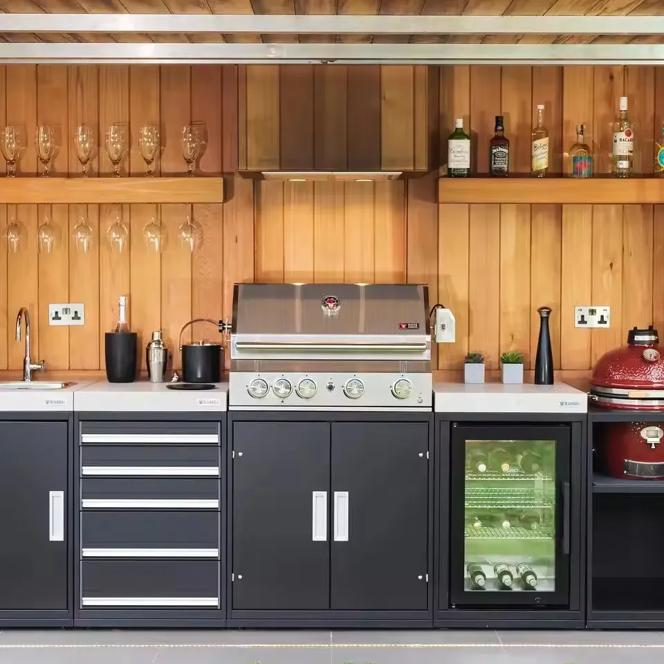 Furnitur rumah besi tahan karat otomatis luar ruangan pemanggang BBQ gaya Amerika pulau Modern dapur dengan kabinet wastafel