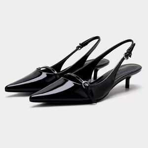 Ladies Lace-up High Stiletto Heels Black Patent Leather Sandals Waterproof Pointed Toe Buckle Summer Autumn Wedding Shoes Spring - Product Image 1