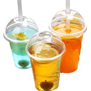Vaso de plástico PET frío con logotipo personalizado al por mayor, vasos desechables para bebidas, vasos de zumo de frutas transparentes de alta transparencia con tapas