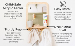 Miroir mural en acrylique pour enfants au design moderne, incassable, avec cadre en bois, crochets et étagère en bois - Product Image 2