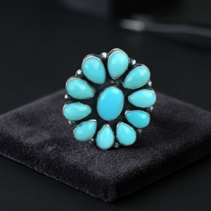 Sleeping Beauty Turquoise Natural Gemstone Rhodium Plated Cute 925 Sterling Silver Handmade Flower Shape Wedding Anniversary - Product Image 2