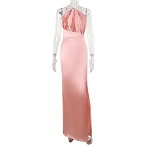 Gaun Malam Satin Model A-Line dengan Belahan Tinggi, Tali Satin, Desain OEM/ODM, Berongga, Halter, Pinggang Tinggi, Gaun Panjang Wanita - Product Image 5