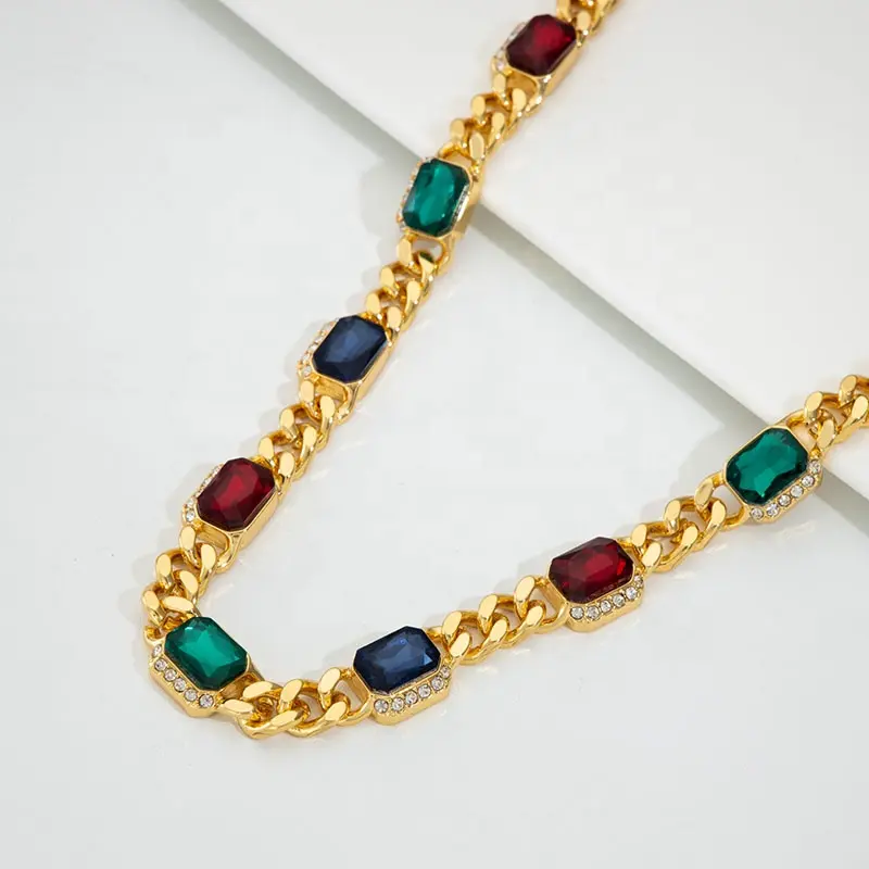 Colorful Ruby Sapphire Diamond Square Stone Cuban Link Chain Iced Women Gold Choker Statement Necklace