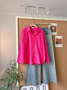 Chemise en lin pour femme L397, taille unique, avec deux poches basiques, chemisier décontracté à boutons, printemps été, blanc, jaune, bleu, vert, rose - Product Image 6