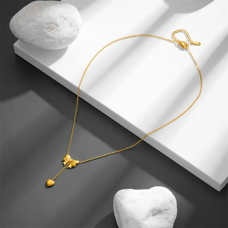 valentinstagsgeschenk einfach modisch zartes 18k-gold edelstahlherz liebesflosse schleife halskette