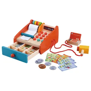 Children role play kids wooden supermarket children cash register toy for toddler