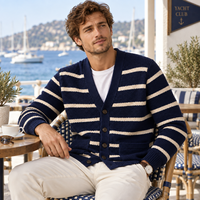 Herren Gestreifter Cardigan Pullover V-Ausschnitt Knopfleiste Strukturierter Strickjacke Lässige Langarm-Strickwaren Individuelles Logo OEM ODM Großhandel