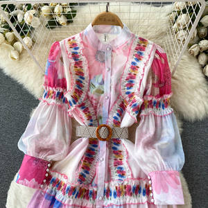 فستان نسائي من يوروبراند بتصميم عرقي واسع مع طباعة وأكمام فانوس وأزرار وكشكشة، فستان سهرة أنيق بقصة A - Product Image 3