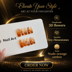 Uñas Postizas de Almendra Hechas a Mano con Degradado Naranja, Decoración de Flor con Llama Negra, <span class=keywords><strong>Arte</strong></span> de Uñas 3D para Dedos - Product Image 6