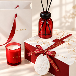 Juego de Vela Aromática y Difusor de Aromas en Caja de Regalo de Vidrio Rojo Rubí con Diseño de Ginkgo Aikun, con Logotipo Personalizado, Directo de Fábrica - Product Image 3