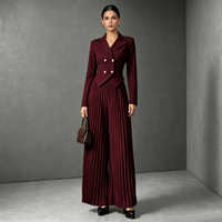 Setelan Jas Wanita Elegan Berlipit Kancing Ganda Lengan Panjang Anti-Pilling, Pakaian Kerja Kantor Romantis Blazer Celana 2 Potong
