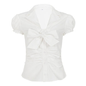 Blusa de Color Sólido con Cuello Camisero y Cintura Fruncida para Mujer, Estilo Dulce y Femenino - Product Image 6