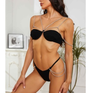 Ensemble de lingerie noire personnalisée avec chaîne de corps en strass, soutien-gorge à armatures et string, 2 pièces, tenue de nuit exotique pour femme, OEM - Product Image 6