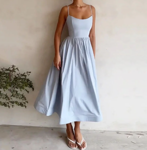 2025夏季休闲女式时尚粉色细肩带连衣裙女优雅纯色无袖A字中长连衣裙长袍背心裙 - Product Image 4