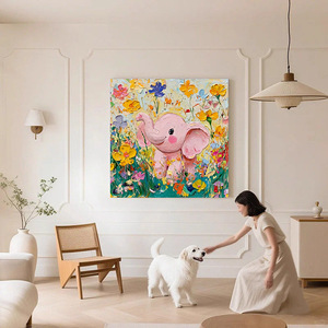 Peinture à l'huile d'un petit éléphant sur toile, art abstrait moderne pour la décoration du salon ou de la chambre d'enfant - Product Image 2