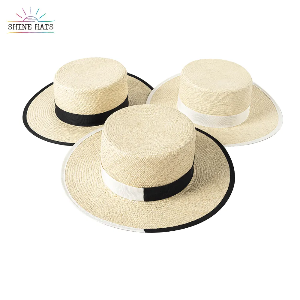 2022 Shinehats New Luxury Flat Top Panama Grass personalizzato in bianco e nero cucito cappello di paglia Unisex personalizzabile