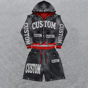 <span class=keywords><strong>Ensemble</strong></span> de survêtement décontracté pour homme avec sweat à capuche à double fermeture éclair et short, imprimé sérigraphié personnalisé, orné de strass et à ourlet déchiré - Product Image 3