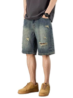 Shorts en jean baggy pour hommes, déchirés, délavés, vintage, taille mi-haute, patchwork, décontractés, style streetwear