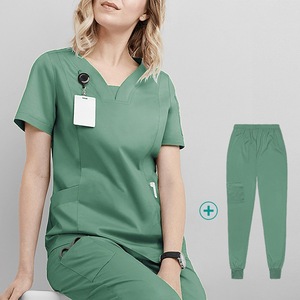 Dental Hospital Scrub Uniform Set Women Short Sleeve Oxford Fabric Medical Staff Workwear Blue Split Set With Label - Product Image 3