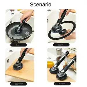 Portable Kitchen Brush With Holder Dish Scrubber Long Handle Liquid Dishes Brush Pot Pan Sink Clean Soap Dispensing Dish Brush