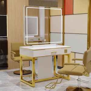 Muebles de Salón Modernos de Metal Dorado Resistente con Espejo para Peluquería, Lámpara LED, <span class=keywords><strong>Imagen</strong></span> de Alta Definición y Múltiples Espacios de Almacenamiento - Product Image 5