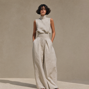 Completo Due Pezzi <span class=keywords><strong>da</strong></span> Donna: Top Senza Maniche con Collo Alto e Pantaloni a Vita Alta a Gamba Larga, Effetto Lino, Elegante Tuta Casual Estate-Autunno 2026 - Product Image 3