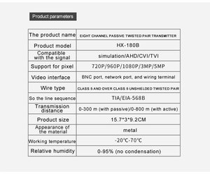 <span class=keywords><strong>Balun</strong></span> de <span class=keywords><strong>Video</strong></span> Pasivo Analógico AHD CVI TVI de <span class=keywords><strong>8</strong></span> Canales HX-180B, Admite 800m Activo/300m Pasivo, BNC/Monitor Metálico, 1080P/5MP - Product Image 6