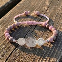 Bracelet en acier inoxydable avec médaille Saint-Benoît, perles en œil de tigre naturel et zèbre rose, plaqué or 18 carats, bracelet catholique fait main
