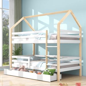 Bunk <strong>Bed</strong> With Ladder and Large Drawers,For 2 Children With Fall Protection and 2 Slatted Frames,<strong>Pine</strong> Children's <strong>Bed</strong> - Product Image 1