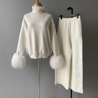 Vente en gros de tricots et pantalons en laine ensemble pull deux pièces poignets en fourrure de Mongolie véritable pull en laine tricoté de luxe pour l'hiver pour femmes