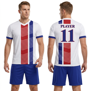 Ensemble de maillots de football unisexes respirants personnalisés sublimés, grande taille, imprimé géométrique bleu sarcelle noir blanc, col rond/col en V, manches courtes - Product Image 1
