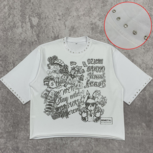 เสื้อยืดโอเวอร์ไซส์ทรงครอปพิมพ์ลายกราฟิกตามสั่งสำหรับผู้ชาย ผ้าคอตตอนหนา 220gsm ทรงหลวมไหล่ตก ประดับคริสตัล - Product Image 1