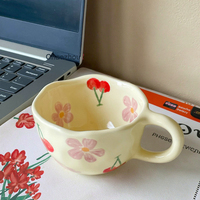 Mug Keramik Motif Bunga Gaya Korea, Warna Kuning Susu 10 Oz, Cangkir Kopi Porselen, Mug Sarapan untuk Hadiah