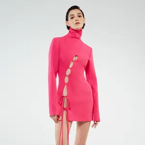 C3197 Guangzhou Supplier Fuchsia Black Women Mini Dress Cutout Simple Women Knitted Party Dress