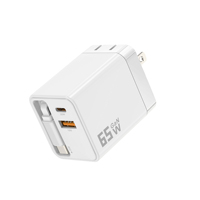 Adaptateur de chargeur de téléphone GaN 65W 2026 à 2 ports avec câble rétractable, charge rapide 5V3A 9V3A 12V3A 15V3A pour téléphone portable/MacBook