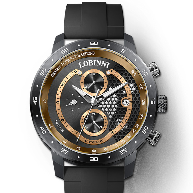 For LOBINNI Luxury Mechanical Sport Watch for Men New Design Manufacturer Rubber Band Water Resistant Pointer Dial Display