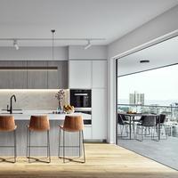 Structure stable, contemporaine, neutre, en MDF, contreplaqué, panneaux de particules, mélamine, armoire de cuisine pour usage commercial