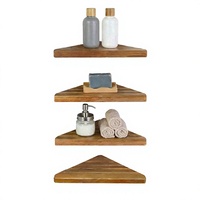 Étagère de douche d'angle triangulaire moderne à quatre niveaux en bois d'acacia, à fixation murale pour salle de bain, sans perçage requis