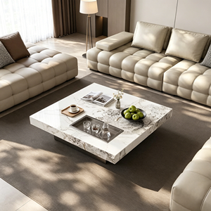 Luxury Integrated Tea Tray Square Coffee <b>Table</b>, Pandora White Sintered Stone Low Profile Side <b>Table</b> for Modern Villa Living Room - Product Image 1