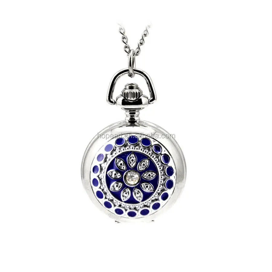 WAH157 Blauwe Bloem Horloge Spiegel Sieraden Lange Sliver Ketting ketting Horloge