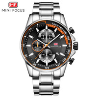 MINI FOCUS MF0218G jam tangan Analog, Penyimpanan kreatif 3 Dial kronograf tali baja nirkarat king Formal kualitas tinggi untuk pria