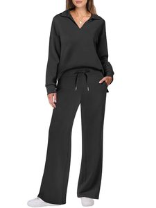 En stock – Ensemble pantalon et haut en polyester respirant à col en V de couleur unie pour femme, avec cordon de serrage, manches longues, style décontracté streetwear pour l'automne et l'hiver - Product Image 2