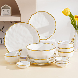 Service de <span class=keywords><strong>vaisselle</strong></span> en porcelaine de style européen, luxe léger, nordique, motif incrusté d'or, écologique, personnalisable, <span class=keywords><strong>vaisselle</strong></span> de mariage/<span class=keywords><strong>anniversaire</strong></span> - Product Image 2