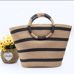 Sac fourre-tout en paille tressée de couleur unie pour femme, fermeture éclair, grande capacité, poignée ronde, sac à main bohème pour la plage et l'été - Product Image 1