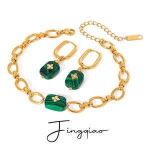 Yueli <b>Gold</b> Stainless Steel Malachite Earrings Women's Party Jewelry <b>Set</b> - Product Image 1