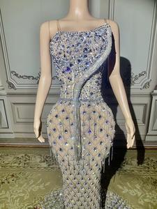 Lussuoso abito da sera a sirena con paillettes con spalline sottili lungo fino al pavimento per le notti del ballo speciale gala perle nappe - Product Image 2