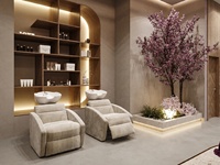 Service de design d'intérieur pour salon de beauté : Étagère de présentation en métal doré à arche et aménagement de boutique de manucure en terrazzo