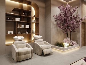 Beauty Salon Interior Design Service Gold Arched Metal <b>Display</b> Shelving <b>Unit</b> and Terrazzo Nail Service Shopfitting - Product Image 6