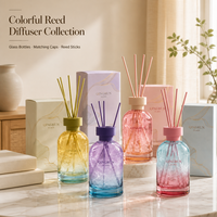 Bouteilles diffuseuses en verre coloré avec bouchons assortis, bâtonnets diffuseurs et boîtes d'emballage