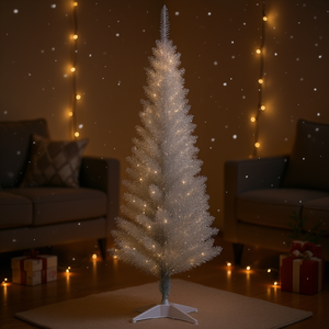 Albero di Natale Artificiale Argento a Forma di Matita, 150 cm, Pre-Illuminato, 618 Punte, Base in Plastica, Decorazione per Interni - Product Image 2